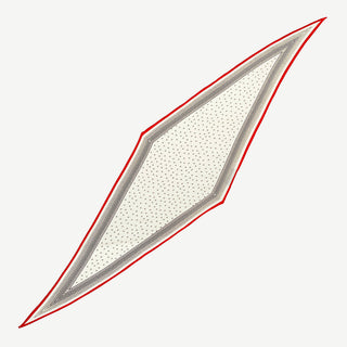 A silk scarf with a cream base, featuring a delicate black cross pattern and a bold red border.
