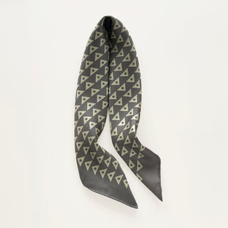 Charcoal and pale sage green 65cm men’s silk neckerchief with a modernist triangle print.