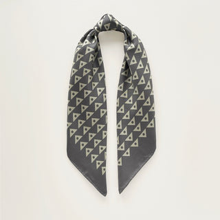 Charcoal and pale sage green 65cm men’s silk neckerchief with a modernist triangle print.