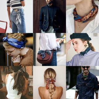 Collage showing versatile silk bandana styling: worn in hair, as neck accessory, tied to bags, and as fashion accents in various outfits and colors.