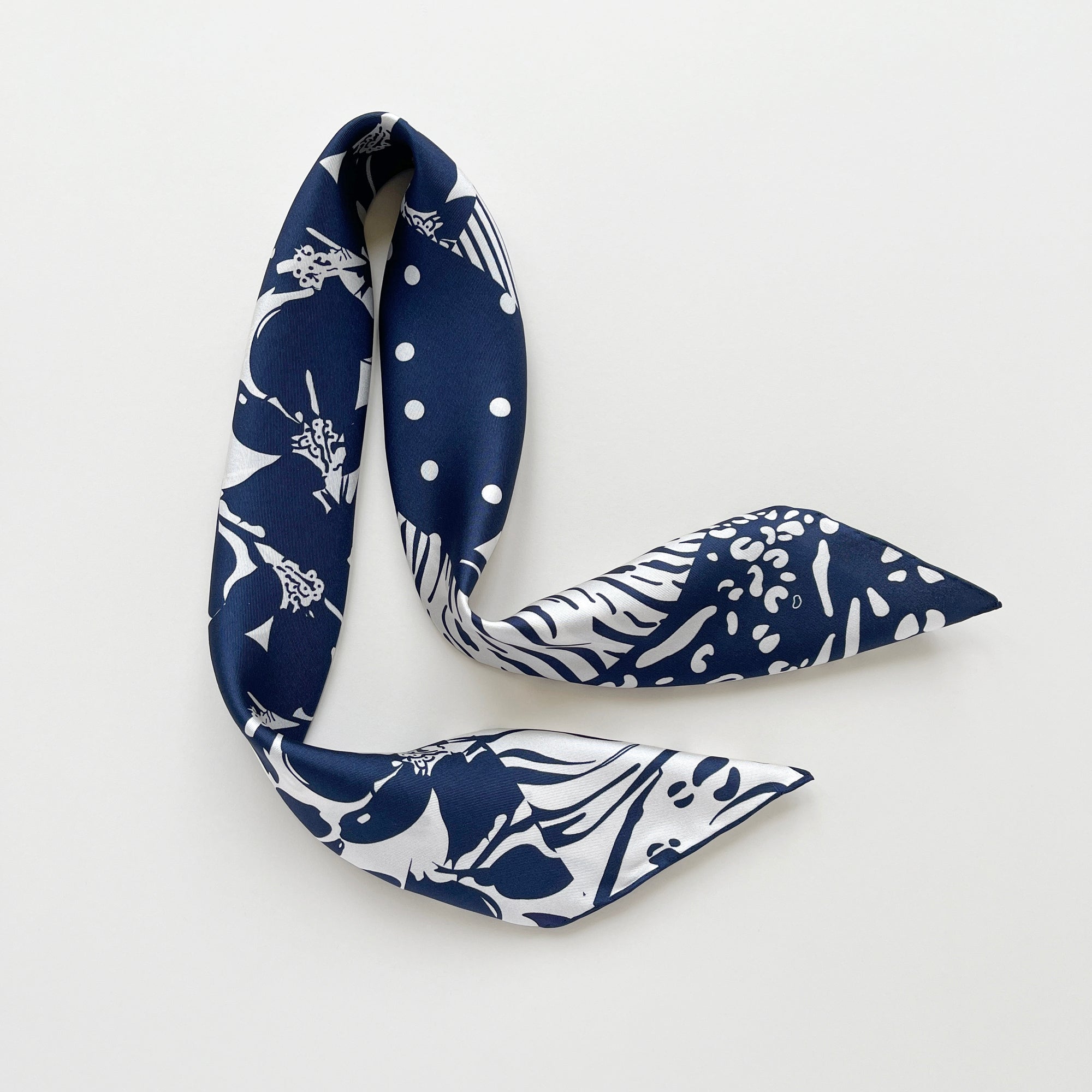 Navy Patchwork Print Silk Square Scarf Bandana – 65cm for Women