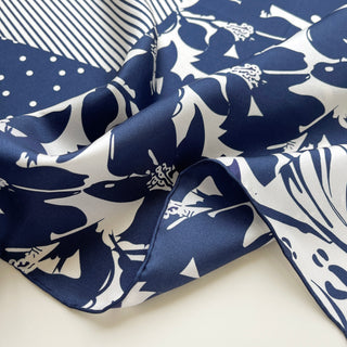 Navy Patchwork Print Silk Square Scarf Bandana – 65cm for Women
