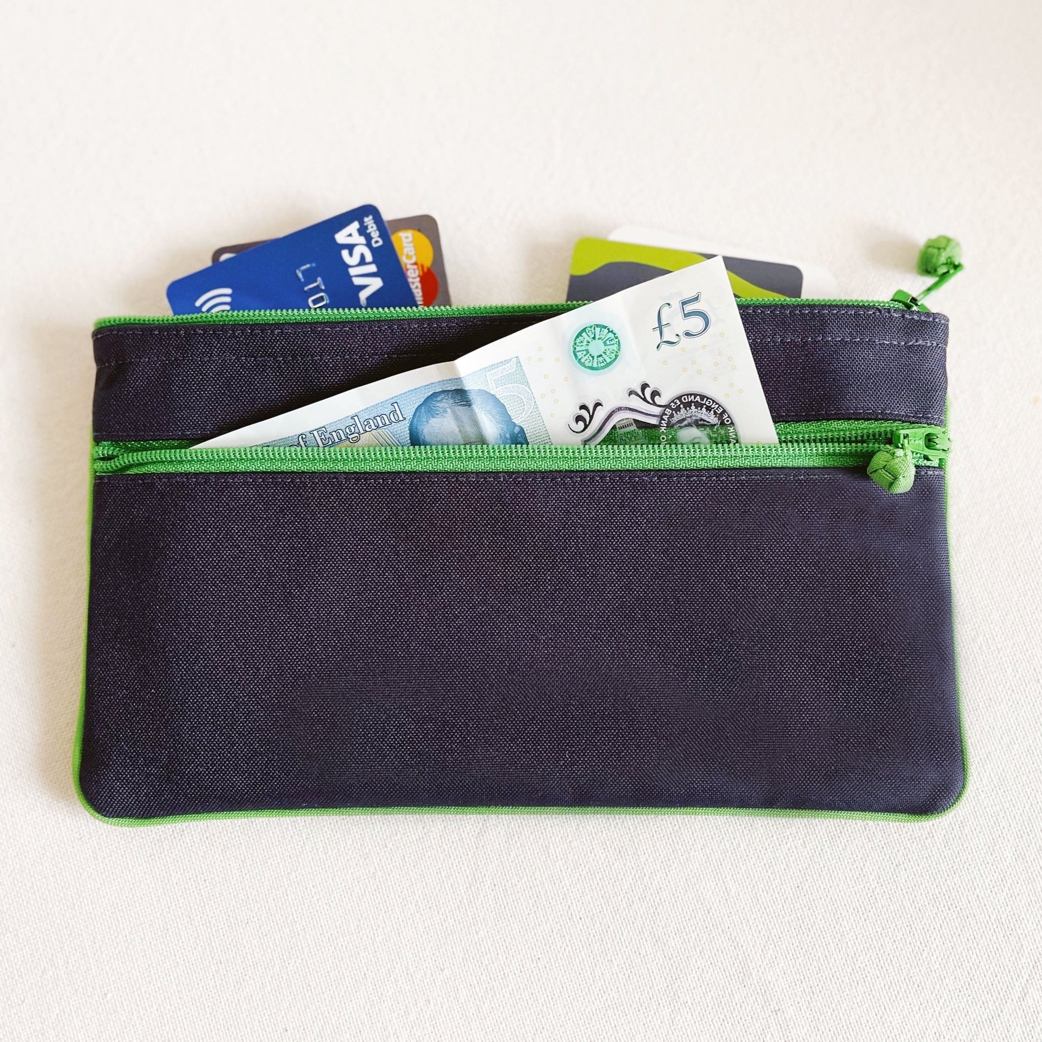 recycled double zipper wallets purses in navy blue
