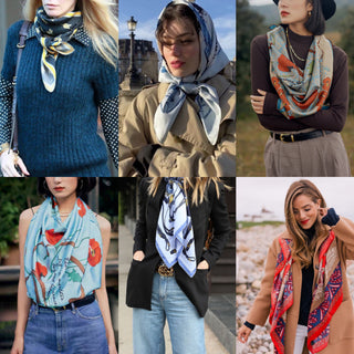 Collage of silk scarves styled various ways - around neck, as headscarf, and draped on shoulders. Features light yellow, blue, and red patterns on luxury silk fabric.