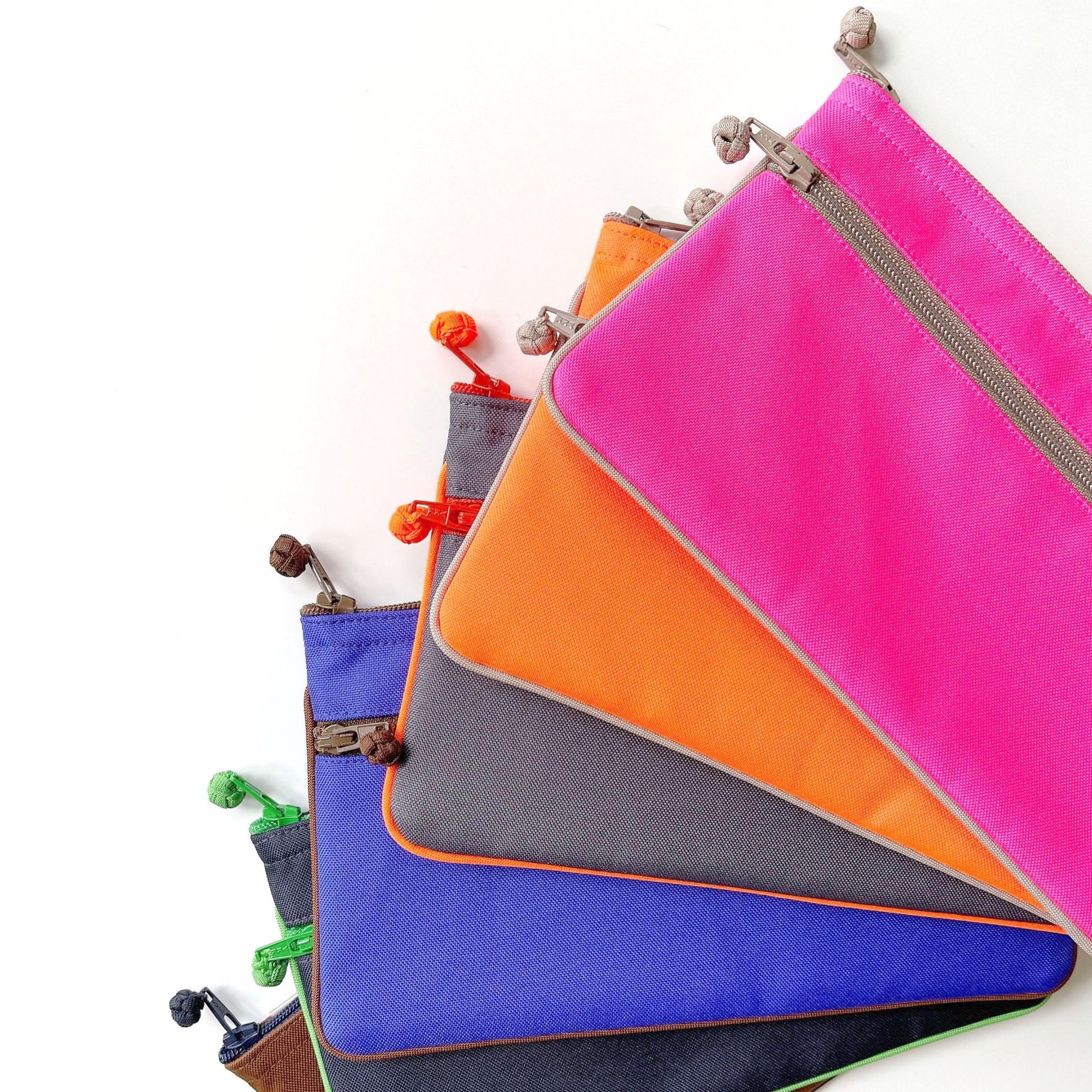 recycled double zipper wallets/purses in neon orange, neon pink, grey, blue and brown