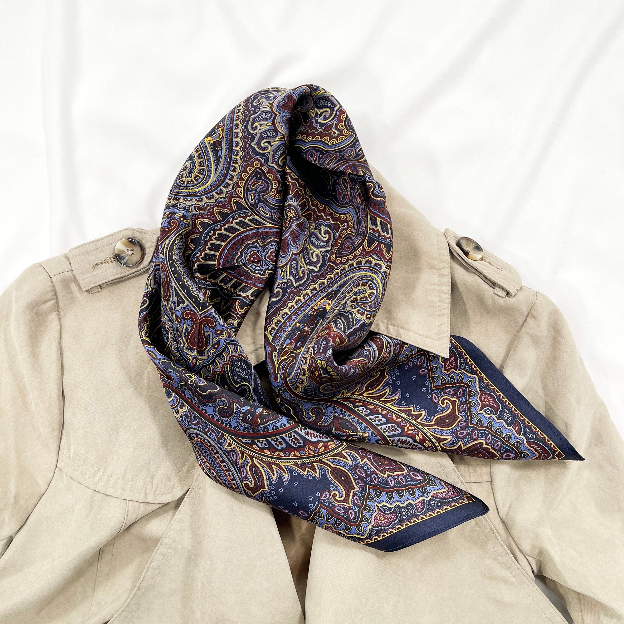 a unisex boho style pattern silk scarf in navy blue and burgundy palette