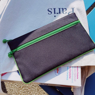 Recycled double zipper wallet in charcoal gray with bright green zippers and trim, displaying compact rectangular design on light background