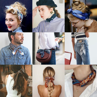 Collage of versatile styling options for silk bandanas, showing various ways to wear the scarf as headband, neck accessory, purse accent, and hair tie in blue and orange colors.